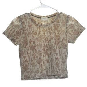 Wowo Sheer Graphic Mushroom Crop Top Womens Medium Stretch 70s Retro Brown